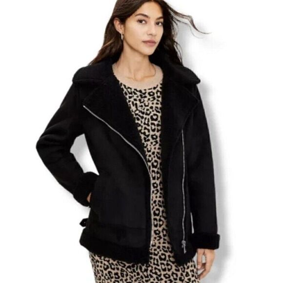 Loft Faux suede Sherpa Black Moto jacket Brand New With Tags NWT $210 2021 - Picture 1 of 14